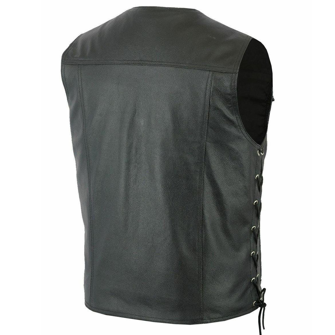 Men’s Black Leather Vest – Eagle Embossed, Side Lace, Gun Pocket – Event Leather