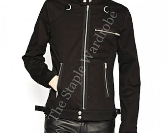 Mens Gothic Jacket | Black Punk Rock Coat with Asymmetrical Zipper | Emo Biker Style Outerwear