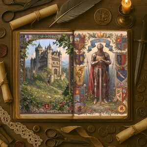 May include: An open book with a medieval castle illustration on the left page and a knight in armor holding a sword on the right page. The book is surrounded by various objects, including a quill pen, coins, and a candle.