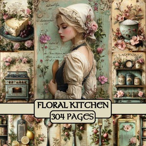 Páginas de cozinha floral, diário de lixo, papel digital, papel para scrapbook, para impressão, comida, culinária, panificação, chef, itens efêmeros, flores, vintage
