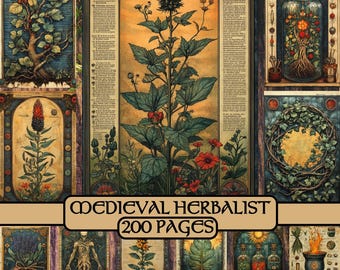 Medieval Herbal Journal Pages, digital paper, scrapbook paper, junk journal, botanical, greenery, grimoire, plants, flowers, castlecore