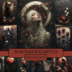 Pagine della strega di Blackwood, diario spazzatura, fantasy, strega, carta digitale, carta per scrapbooking, magia, foresta, oscuro, gotico, spettrale, stampabile