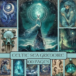 Grimoire Seiten, digitales Papier, Keltisches Papier, Junk Journal, Scrapbook Papier, blau, Meer, Natur, Meer, Wasser, Hexe, Meerjungfrau, bedruckbar, Sirene