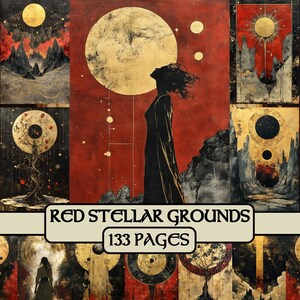 Op de afbeelding: Een verzameling abstracte kunstwerken met een hemels thema. Het kunstwerk toont een vrouw in een lange zwarte jurk, een grote gouden maan en de tekst "RED STELLAR GROUNDS 133 PAGES". Het kleurenpalet omvat rood, goud en zwart.