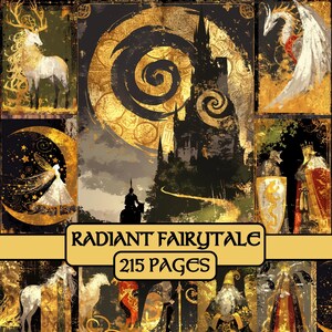 Pages rayonnantes de conte de fées, journal indésirable, fantaisie, papier numérique, papier de scrapbooking, médiéval, chevalier, princesse, imprimable, grimoire, cartes de tarot