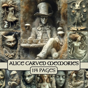 Alice Carved Memories pages, junk journal, scrapbook paper, mad hatter, decoupage paper, fairytale, Alice in Wonderland, storybook, ephemera