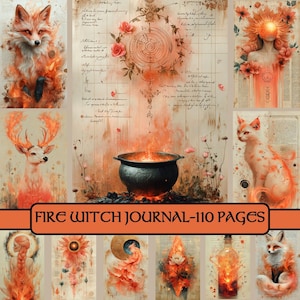 Pagine del diario della strega del fuoco, diario di scarto, album di ritagli, strega, natura, fuoco, rosso, rosa, carta per album, grimorie, incantato, magia, stampabile