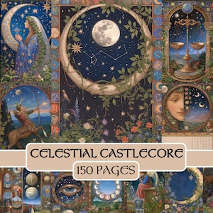 Pagine di Celestial Castlecore, diario di scarto, medievale, astrologia, carta digitale, stampabile, carta per scrapbooking, zodiaco, oroscopo, grimorio, tarocchi