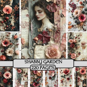 Shabby Garden Pages, diário de lixo, chique gasto, vintage, papel digital, papel para scrapbook, flores, rosa, jardim, herbal, herbal, para impressão