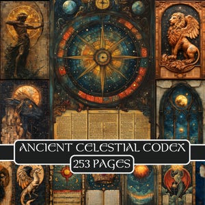 Ancient celestial codex Junk journal pages, moon, scrapbooking, sun, stars, horoscope, celestial, medieval, grimoire, printable, astrology
