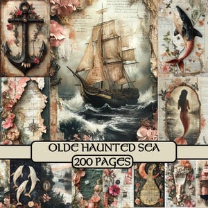 Olde Haunted Sea Pages, Junk Journal, viktorianisch, Vintage, digitales Papier, Scrapbook Papier, Seemann, Meer, shabby, nautisch Papier, Meerjungfrau
