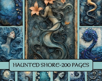 Haunted shore Pages, junk journal, nautical pages, sea, digital paper, scrapbook paper, enchanted, magic, ocean, sea witch, siren, printable