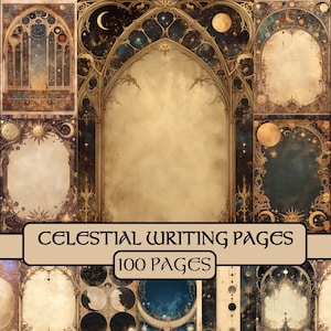 Celestial Writing Pages, junkjournal, plakboekpapier, afdrukbaar, gevoerd, astrologie, maan, sterren, magisch, antiek, grimoire, middeleeuws