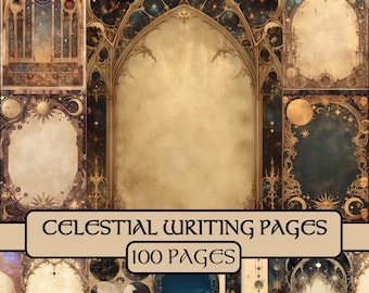 Celestial Writing Pages, junk journal,scrapbook paper, printable, lined, astrology, moon, stars, magical, antique, grimoire, medieval