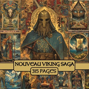 Páginas de la saga vikinga Nouveau, diario basura, fantasía, papel digital, papel para álbumes de recortes, nórdico, pagano, drakkar, imprimible, grimorio, celta