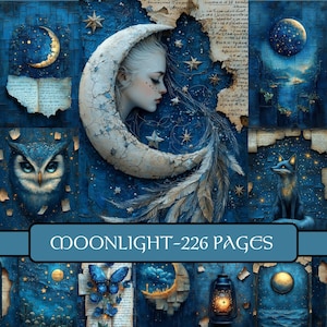 Moonlight Junk journal pages, moon, scrapbooking, magical, fantasy, celestial, dreamy aesthetics, printable images, fairies, dreamy, vintage