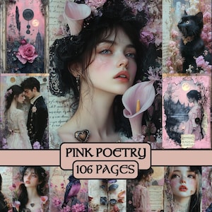 Pink Poetry junk journal kit, scrapbook paper, vintage, floral, printable , nostalgic, pink, retro, romantic, antique, romantic, shabby chic