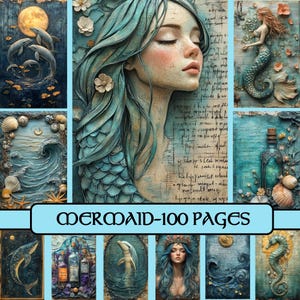 Pages de sirène, journal indésirable, fantaisie, mer, papier numérique, papier de scrapbooking, enchanté, magie, océan, vie marine, sorcière de mer, sirène, imprimable