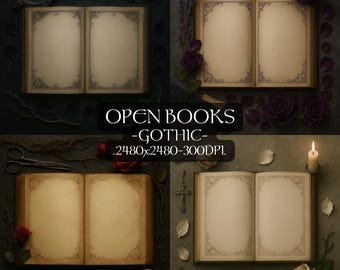 Puede incluir: Cuatro libros abiertos con bordes ornamentados, cada uno con un tema gótico diferente: Night, Duskwither, Thorns y Marble. La imagen incluye rosas, calaveras, llaves y velas, creando una estética oscura y vintage.