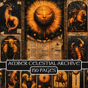 Páginas del Archivo Celestial Ámbar, diario basura, zodíaco, horóscopo, papel digital, imprimible, papel para álbumes de recortes, astrología, grimorio, antigüedades