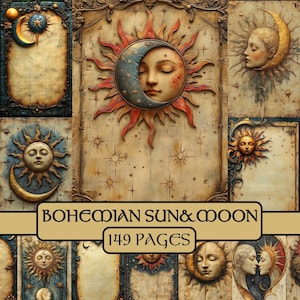 Páginas Boho Sol y Luna, diario basura, papel para álbumes de recortes, castlecore, efímeras, medievales, celestiales, papel digital, arte mural, astrología