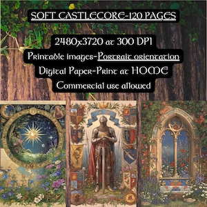 May include: A digital paper pack with three images featuring a medieval knight, a celestial map, and a window with a view of a garden. The images are in a portrait orientation and are suitable for printing at home. The text "SOFT CASTLECORE-120 PAGES" is at the top of the image. The text "2480x3720 at 300 DPI" is below the title. The text "Printable images-Portrait orientation" is below the resolution. The text "Digital Paper-Print at HOME" is below the orientation. The text "Commercial use allowed" is at the bottom of the image.