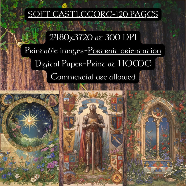 May include: A digital paper pack with three images featuring a medieval knight, a celestial map, and a window with a view of a garden. The images are in a portrait orientation and are suitable for printing at home. The text "SOFT CASTLECORE-120 PAGES" is at the top of the image. The text "2480x3720 at 300 DPI" is below the title. The text "Printable images-Portrait orientation" is below the resolution. The text "Digital Paper-Print at HOME" is below the orientation. The text "Commercial use allowed" is at the bottom of the image.