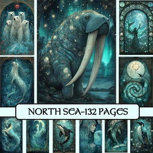Nordseeseiten, digitales Papier, Junk Journal, Meer, Ozean, Tarot, Blau, Hexe, Sirene, Wal, Delfin, printable, Ephemera, Grimoire, Magie