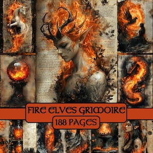 Fire Elves Grimoire Pages, junk journal, digital paper, scrapbook paper, printable, clipart, elf, fire, flames, spellbook, fantasy, magic