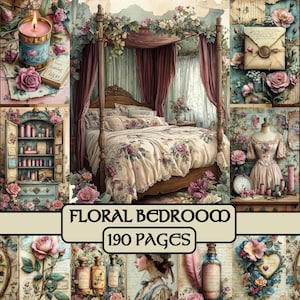 Floral Bedroom Pages, junk journal, digital paper, scrapbook paper, printable, clipart, silk, watercolor images, flowers, pink, vintage