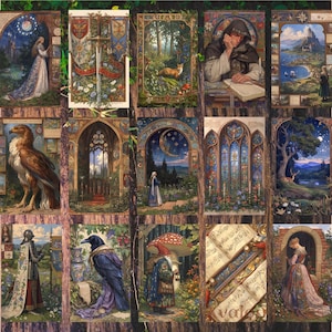 May include: A collage of 12 images featuring medieval-inspired artwork. The images depict scenes of nature, architecture, and people in a fantasy setting. The artwork is painted in a realistic style with vibrant colors.