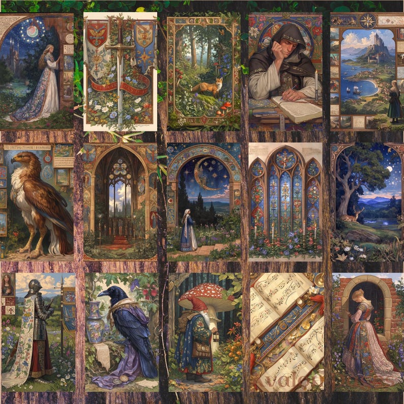 May include: A collage of 12 images featuring medieval-inspired artwork. The images depict scenes of nature, architecture, and people in a fantasy setting. The artwork is painted in a realistic style with vibrant colors.