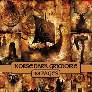 Scandinave Dark Grimoire Pages, journal indésirable, papier numérique, papier de scrapbooking, imprimable, dark fantasy, clipart, viking, runes, drakkar, païen