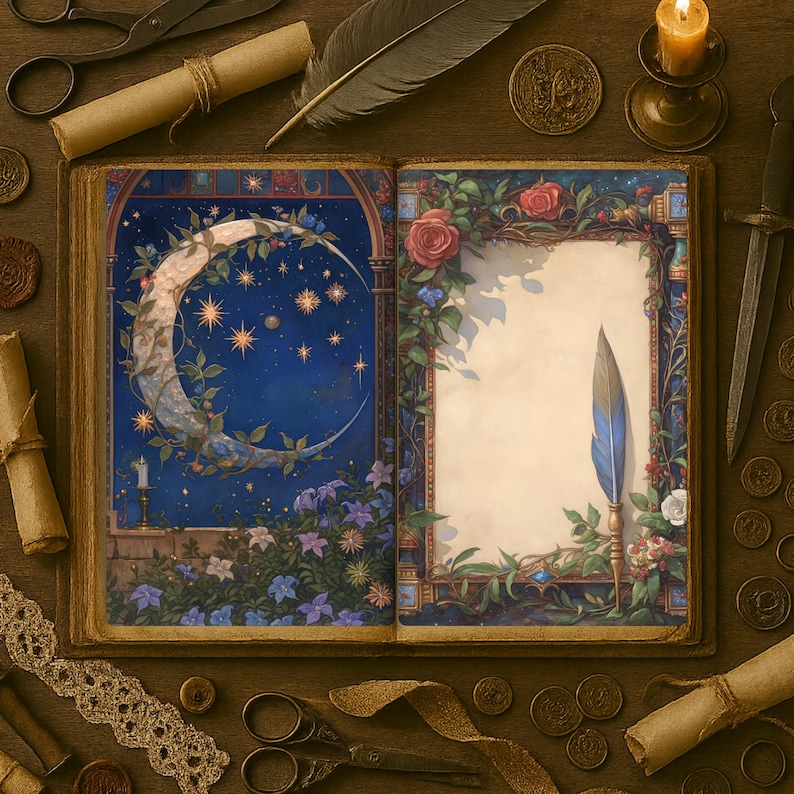 May include: An open book with a blue and gold cover. The left page features a crescent moon with stars against a dark blue background. The right page has a blank space with a quill pen and a floral border.