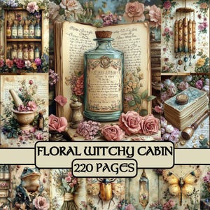 Witchy Floral Cabin-pagina's, junkdagboek, plakboekpapier, vintage ephemera, decoupagepapier, bloemen, heks, bos, dieren, hut, gezellig