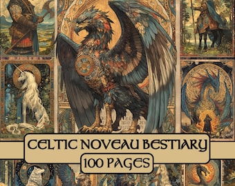 Celtic Nouveau Bestiary Pages, junk journal, fantasy, digital paper, scrapbook paper, medieval, griffin, dragon, printable, grimoire, celtic