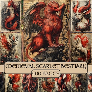 Páginas do Bestiário Medieval Escarlate, papel digital, fantasia, diário de lixo, papel para scrapbook, encantado, criaturas míticas, grimório, para impressão