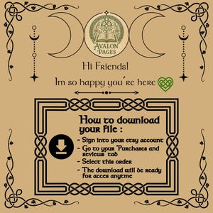 May include: A digital download instruction card with a green Celtic knot design and the text "How to download your file: Sign into your etsy account Go to your Purchases and Reviews tab Select this order The download will be ready for access anytime"