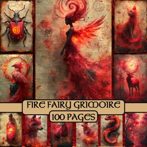 Pages de fée du feu, papier numérique, fantaisie, forêt, journal indésirable, papier de scrapbooking, feu, magie, fée, fleurs, grimoire, rouge, imprimable