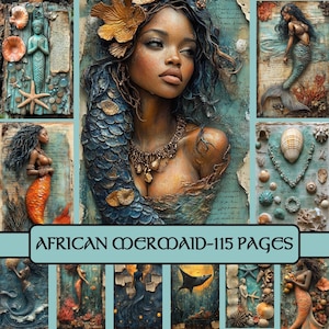 Afrikanische Meerjungfrau Seiten, Junk Journal, Fantasy, Meer, digitales Papier, Scrapbook Papier, Magie, Ozean, Seehexe, Sirene, printable, afrikanisch
