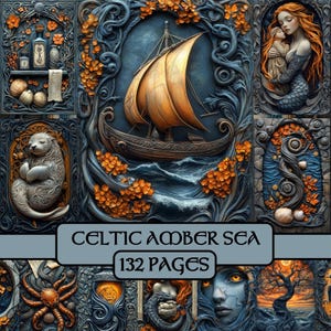 Celtic Amber Sea Pages, Junk Journal, Fantasy, Meer, digitales Papier, Scrapbook Papier, Magie, Ozean, Meer, Meer, Meer Hexe, Sirene, printable