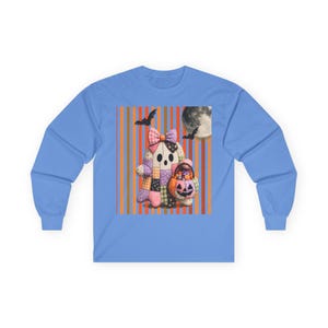 May include: A light blue long-sleeve shirt featuring a central graphic of a patchwork ghost with a bow, holding a jack-o'-lantern bucket. The background of the graphic has orange and brown vertical stripes, a full moon, and two black bats.