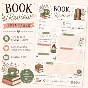 Può includere: Un modello stampabile per recensioni di libri con una tavolozza di colori tenui e illustrazioni di libri, una tazza, un gatto e una persona che legge. Il documento include sezioni per titolo del libro, autore, genere, valutazione e note.