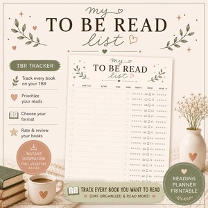 May include: A printable reading planner featuring a 'TO BE READ list' header with botanical illustrations and hearts. The document includes columns for book title, author, genre, ownership, priority, format, and rating, alongside a TBR tracker guide.