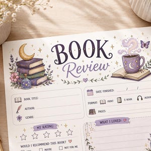 May include: A printed book review template featuring the text BOOK Review, a stack of books with a crescent moon, a steaming mug, and floral accents. The form includes sections for book title, author, genre, date finished, format, pages, rating, and notes.