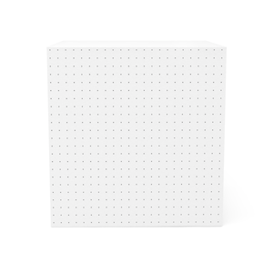 May include: A white cube featuring a uniform grid pattern of small, evenly spaced black dots across its front face. The object has sharp, clean edges and a geometric shape, presenting a simple, stark contrast between the white surface and dots.