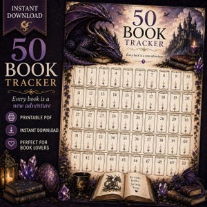 May include: A 50 book tracker printable PDF featuring a purple dragon, a castle, and 50 numbered book-shaped outlines. The text reads 50 BOOK TRACKER, Every book is a new adventure, and So many Books, So little Time. Includes a mug and books.