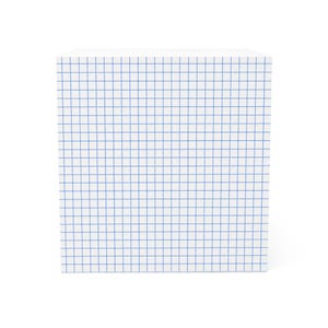 May include: A square stack of white paper sheets featuring a blue grid pattern on the top surface. The paper block has straight, clean edges and a uniform, repeating geometric design consisting of thin blue horizontal and vertical lines.