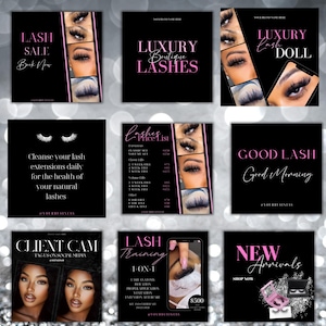 Puede incluir: Una colección de nueve gráficos promocionales para servicios de extensiones de pestañas. Las imágenes presentan textos como "Lash Sale", "Luxury Lashes" y "New Arrivals", junto con fotos de pestañas y información de precios.