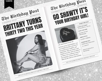 Redigerbar tidningsfödelsedagsinbjudan: Glam svartvit Canva-mall